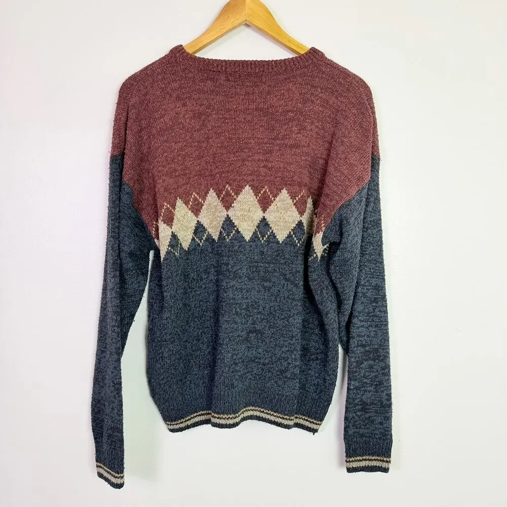 Vintage 90s Hunt Club Argyle Crewneck Sweater Men's Med Silk Cotton Grandpacore - Picture 4 of 11